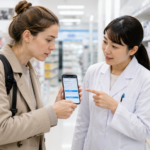 Traveler showing a bilingual OTC medicine question card to pharmacy staff in a Japanese drugstore.
