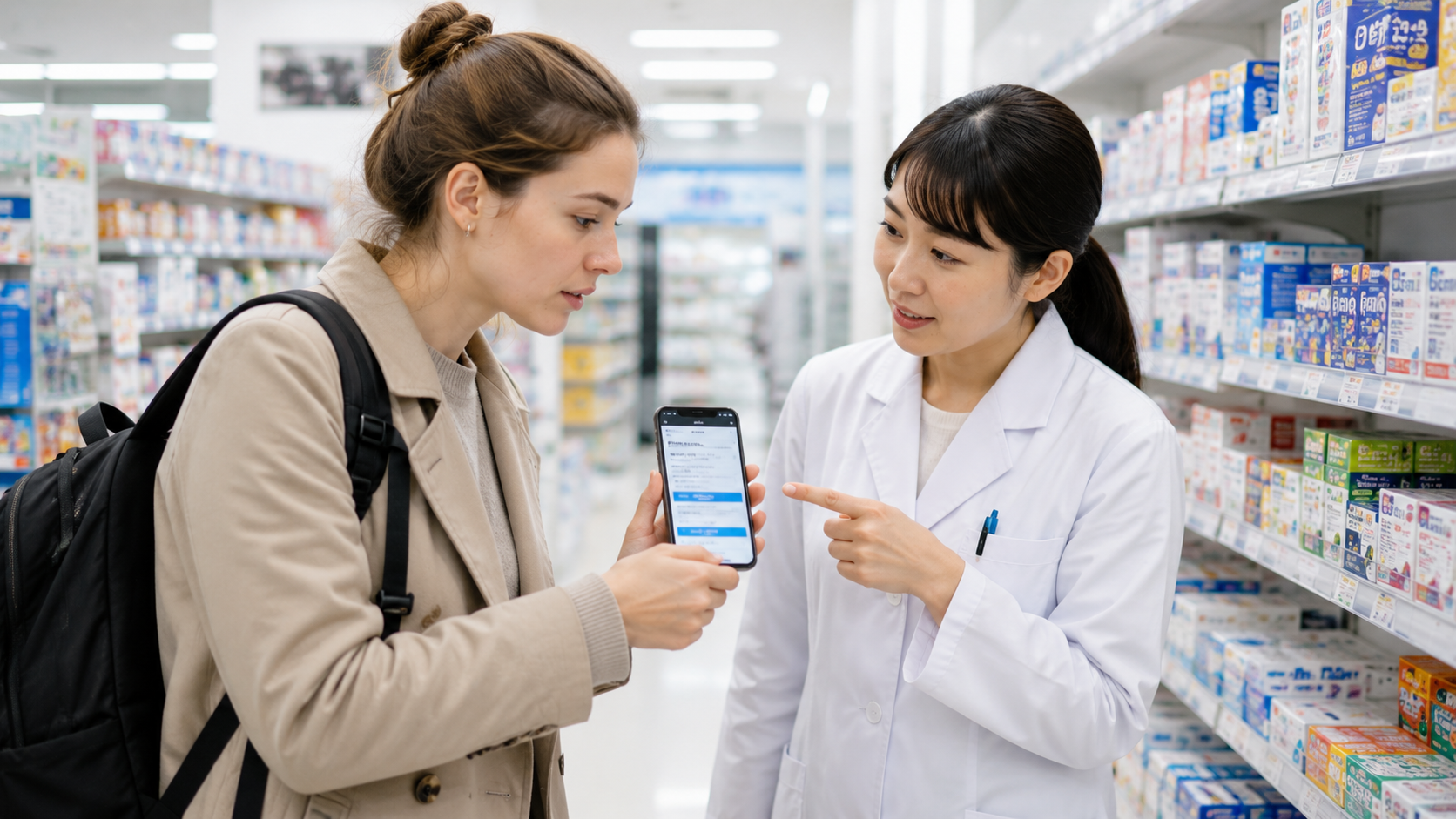 Traveler showing a bilingual OTC medicine question card to pharmacy staff in a Japanese drugstore.