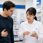 Traveler asking pharmacy staff about stomach and digestive medicine in a Japanese drugstore.