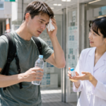 Traveler receiving advice about heat illness in Japan while holding water during hot weather.
