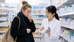 Traveler asking pharmacy staff about cold medicine in a Japanese drugstore.