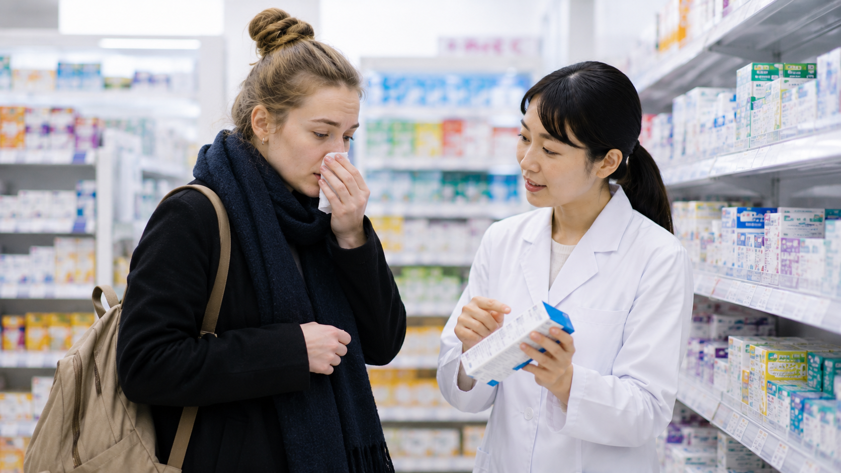 Traveler asking pharmacy staff about cold medicine in a Japanese drugstore.