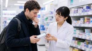 Traveler asking pharmacy staff about cough medicine in a Japanese drugstore.