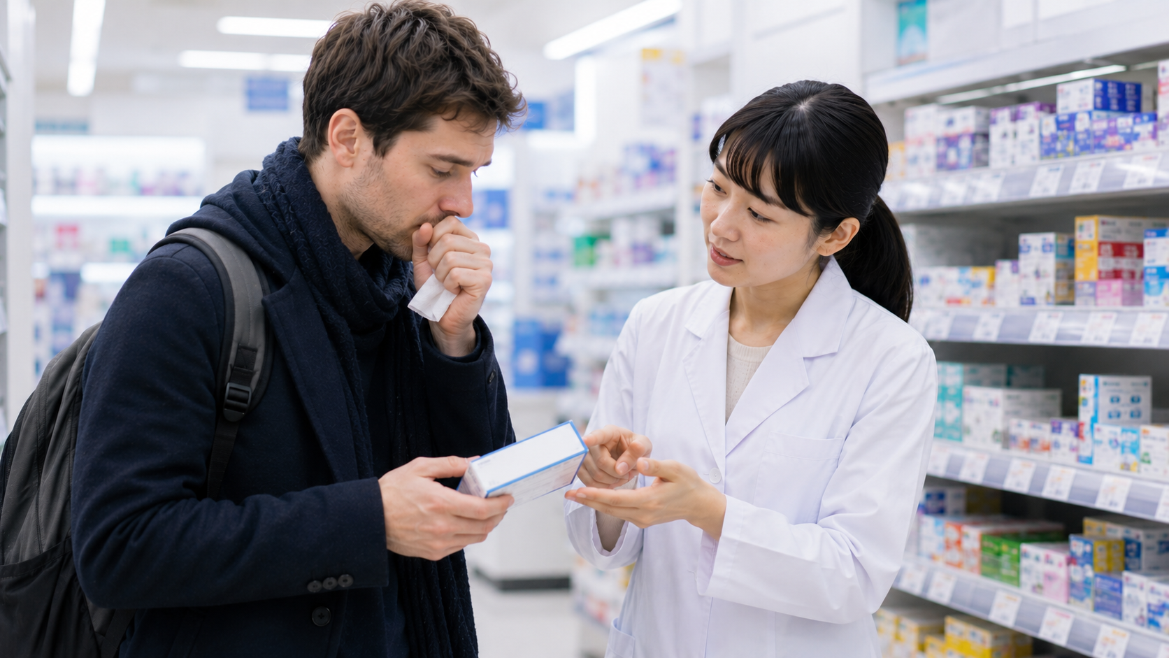 Traveler asking pharmacy staff about cough medicine in a Japanese drugstore.