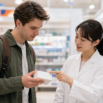 Foreign traveler asking a pharmacist about OTC medicine at a Japanese drugstore.