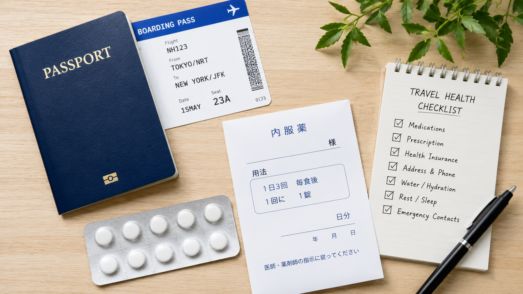 Passport, prescription paper, medicine package, and packing checklist for travel to Japan