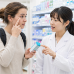 Traveler asking pharmacy staff about eye discharge and OTC eye drops in a Japanese drugstore.