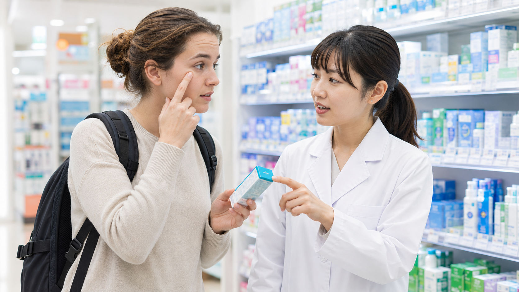 Traveler asking pharmacy staff about eye discharge and OTC eye drops in a Japanese drugstore.