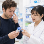 Traveler asking pharmacy staff about red eyes and OTC eye drops in a Japanese drugstore.