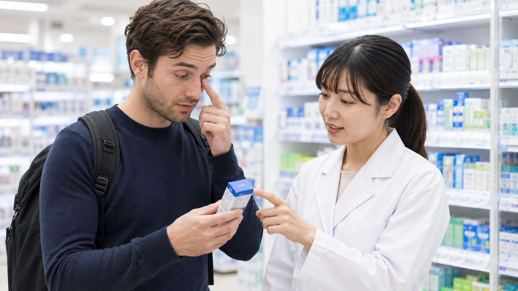 Traveler asking pharmacy staff about red eyes and OTC eye drops in a Japanese drugstore.