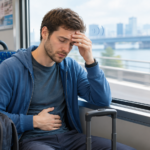 Traveler feeling mild motion sickness while riding transportation in Japan.