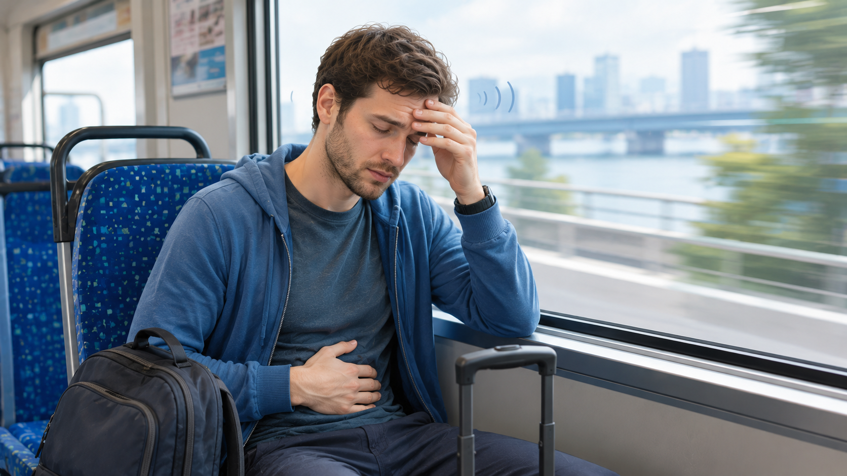 Traveler feeling mild motion sickness while riding transportation in Japan.