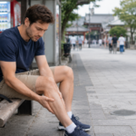 Traveler in Japan resting after walking and holding their leg from muscle or joint pain.