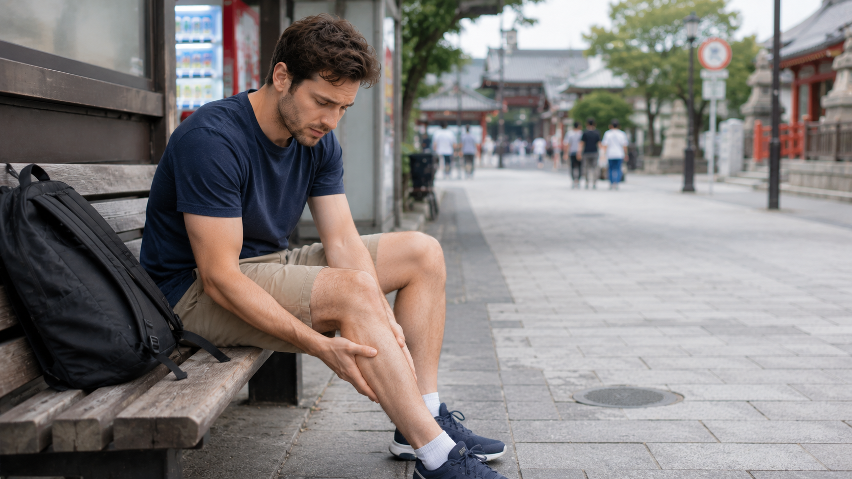 Traveler in Japan resting after walking and holding their leg from muscle or joint pain.