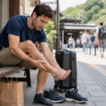 Traveler in Japan checking foot pain or a shoe blister after walking.