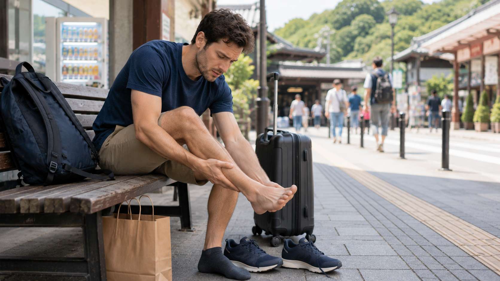 Traveler in Japan checking foot pain or a shoe blister after walking.