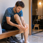 Traveler in Japan checking itchy or peeling skin on the foot after walking.