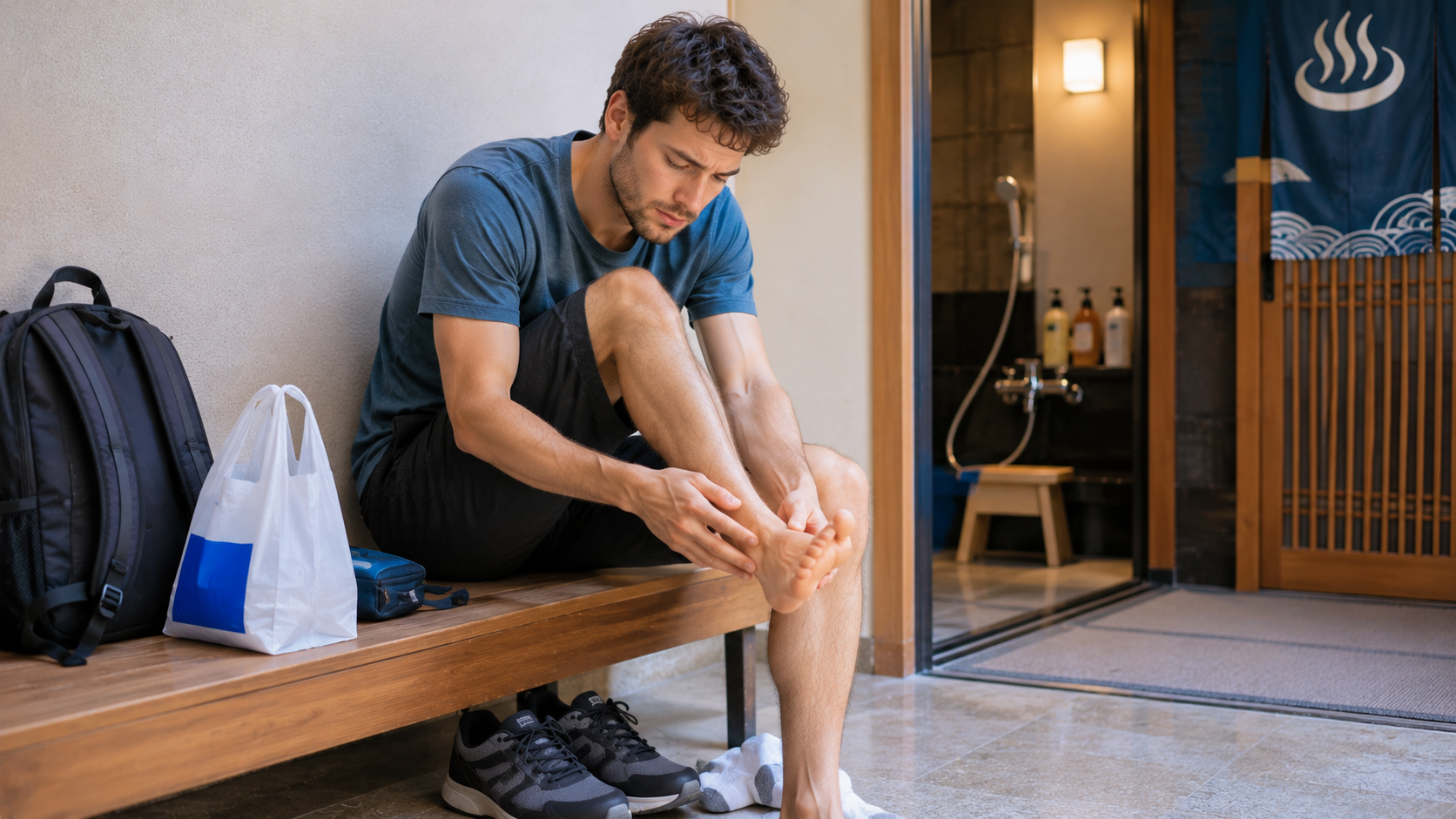 Traveler in Japan checking itchy or peeling skin on the foot after walking.