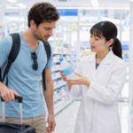 Traveler in a Japanese drugstore asking a pharmacist about oral rehydration solution for dehydration.
