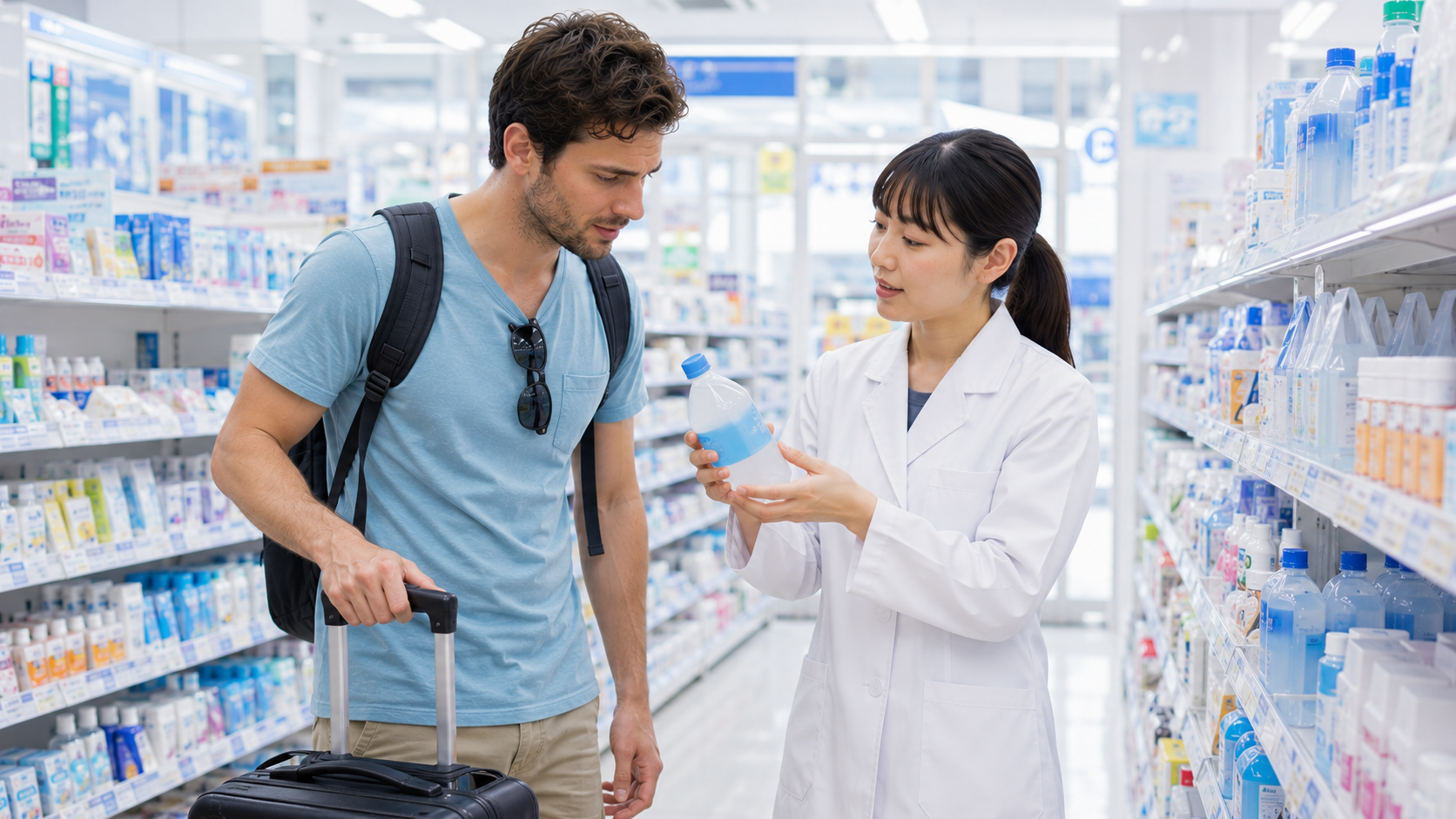 Traveler in a Japanese drugstore asking a pharmacist about oral rehydration solution for dehydration.