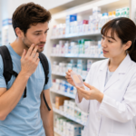 Traveler asking a pharmacist in Japan about mouth ulcer medicine at a drugstore