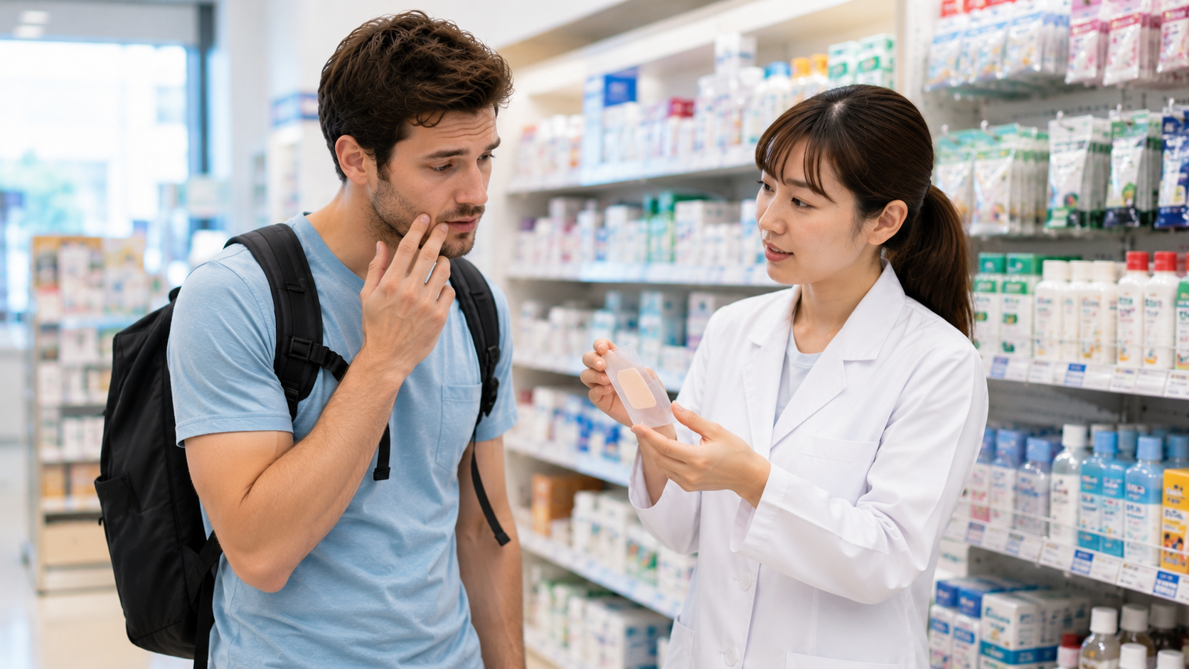 Traveler asking a pharmacist in Japan about mouth ulcer medicine at a drugstore