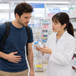 Traveler asking a pharmacist in Japan about diarrhea medicine at a drugstore
