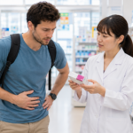 Traveler asking a pharmacist in Japan about constipation medicine at a drugstore