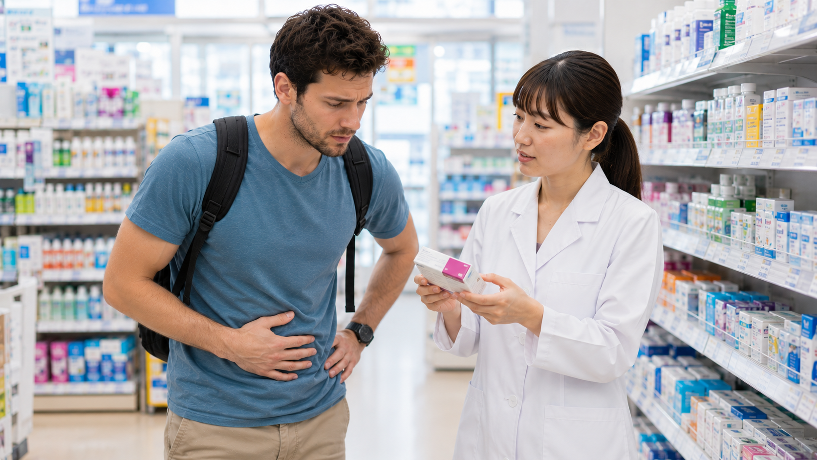Traveler asking a pharmacist in Japan about constipation medicine at a drugstore