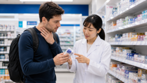 Traveler asking pharmacy staff about sore throat medicine in a Japanese drugstore.