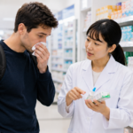 Traveler asking pharmacy staff about runny nose and allergy medicine in a Japanese drugstore.