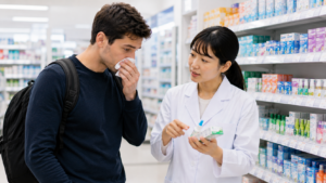 Traveler asking pharmacy staff about runny nose and allergy medicine in a Japanese drugstore.