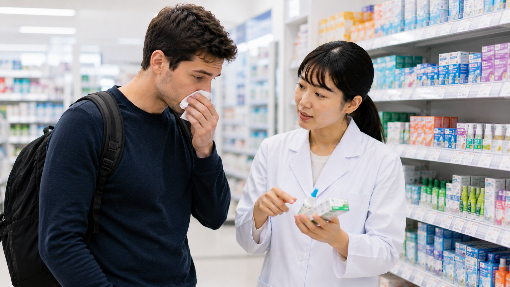 Traveler asking pharmacy staff about runny nose and allergy medicine in a Japanese drugstore.