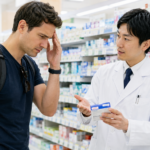 Traveler asking pharmacy staff about headache medicine in a Japanese drugstore.
