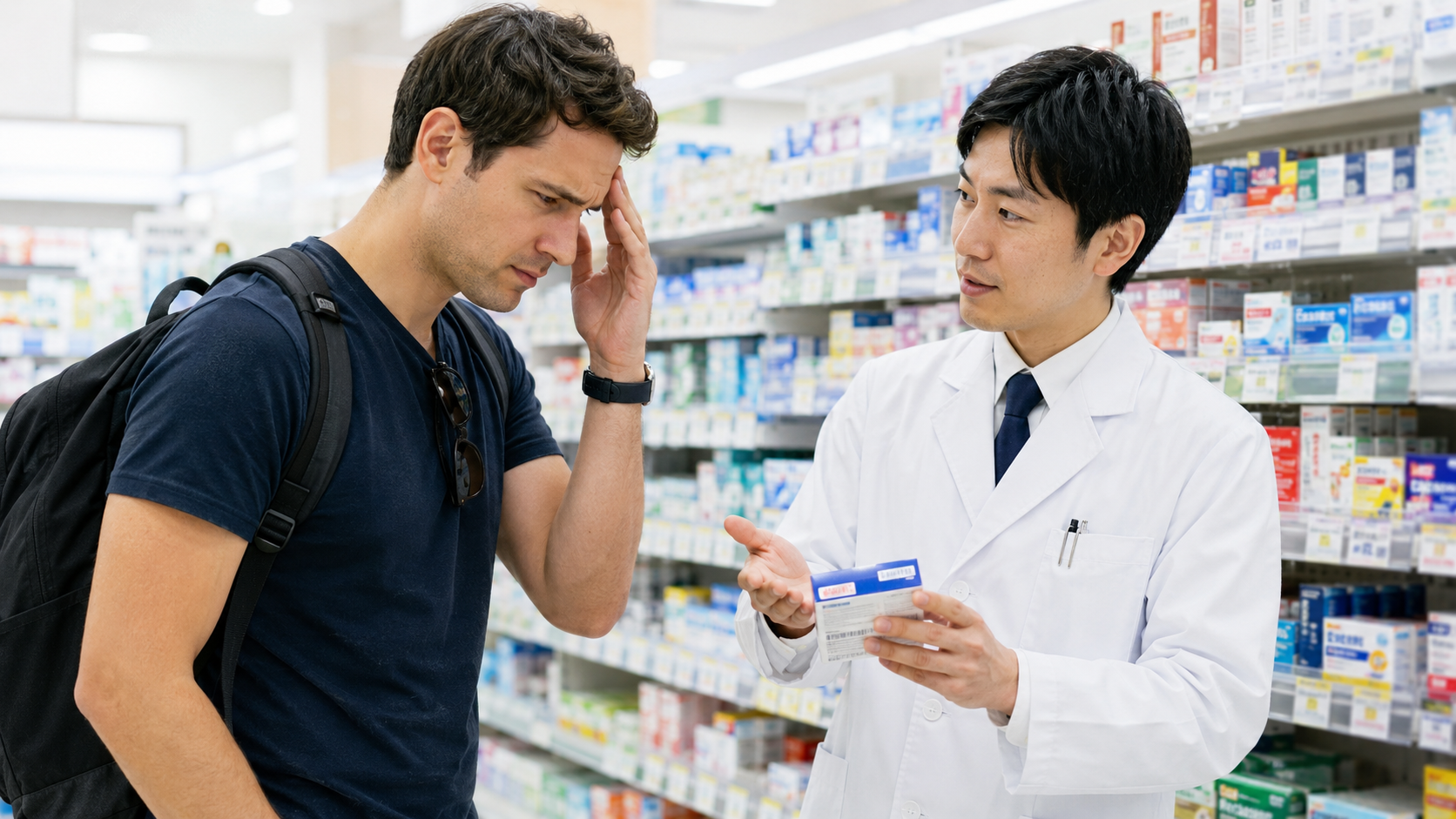 Traveler asking pharmacy staff about headache medicine in a Japanese drugstore.
