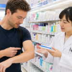 Traveler asking pharmacy staff about skin rash and itching cream in a Japanese drugstore.