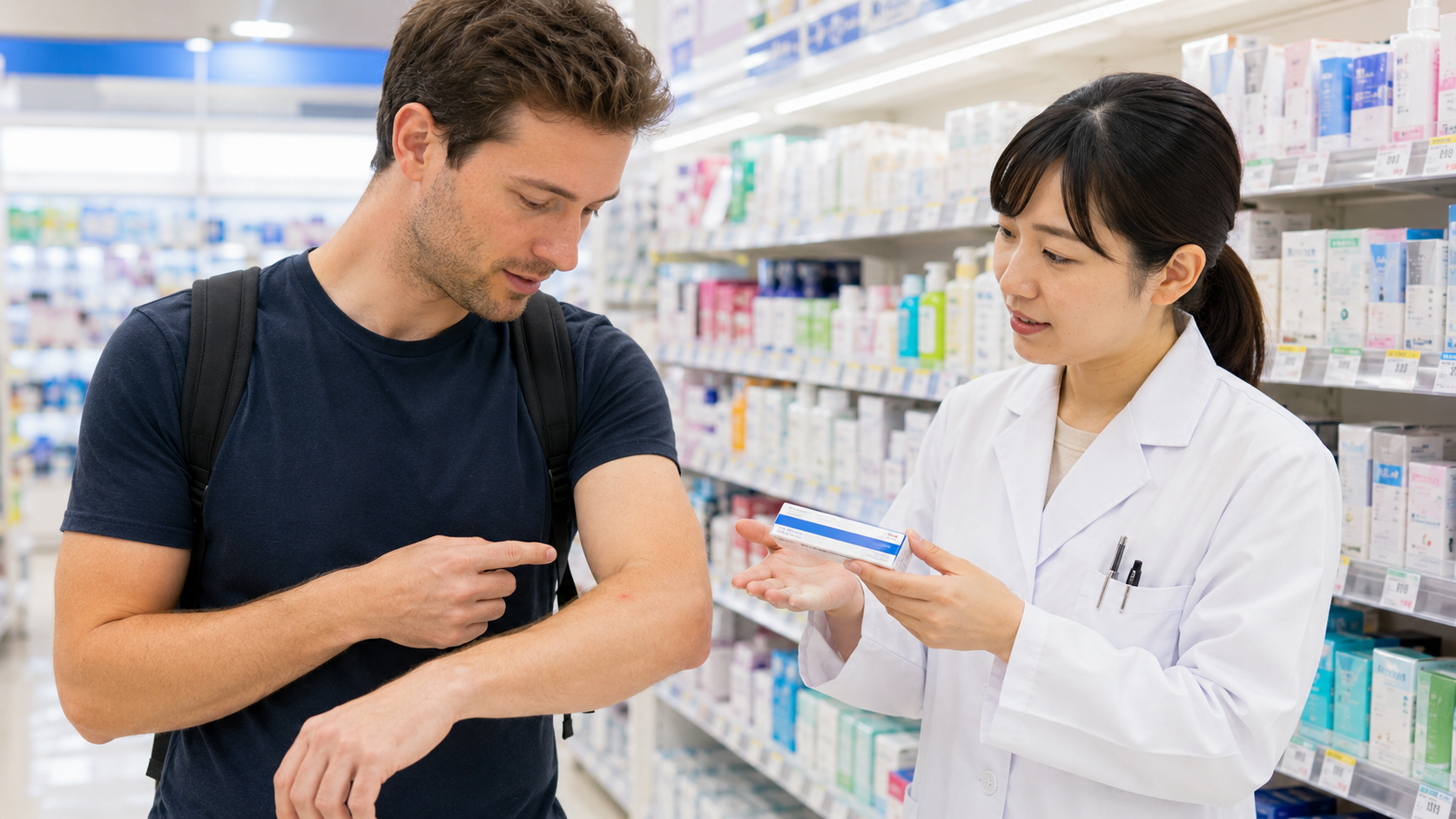 Traveler asking pharmacy staff about skin rash and itching cream in a Japanese drugstore.