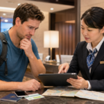 Traveler asking hotel staff for help finding medical care in Japan.