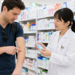 Traveler asking pharmacy staff about insect bite and itching medicine in a Japanese drugstore.