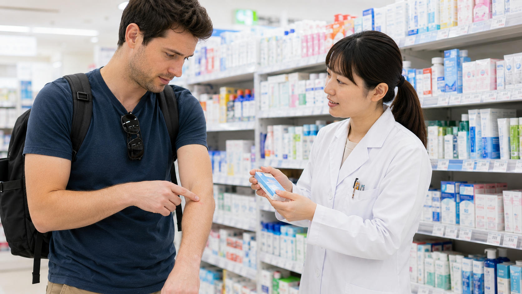Traveler asking pharmacy staff about insect bite and itching medicine in a Japanese drugstore.