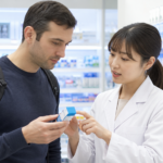 Traveler asking pharmacy staff about eye drops in a Japanese drugstore.