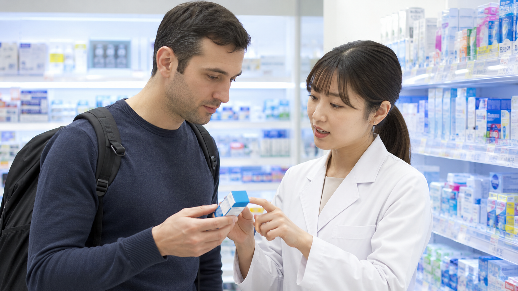 Traveler asking pharmacy staff about eye drops in a Japanese drugstore.