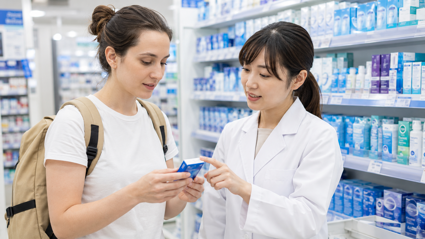 Traveler asking pharmacy staff about dry eye and contact lens eye drops in a Japanese drugstore.