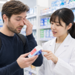 Traveler asking pharmacy staff about allergy eye drops for itchy eyes in a Japanese drugstore.