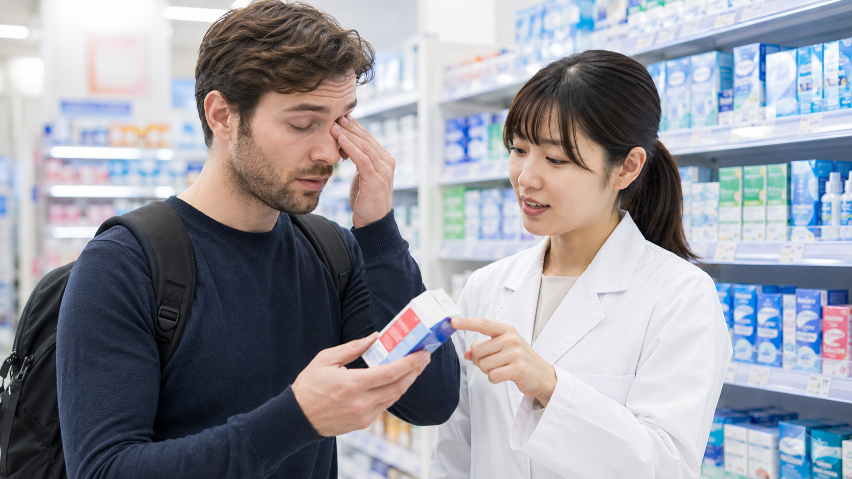 Traveler asking pharmacy staff about allergy eye drops for itchy eyes in a Japanese drugstore.