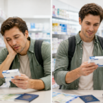 Traveler comparing drowsy and less-drowsy allergy medicine labels in a Japanese drugstore.