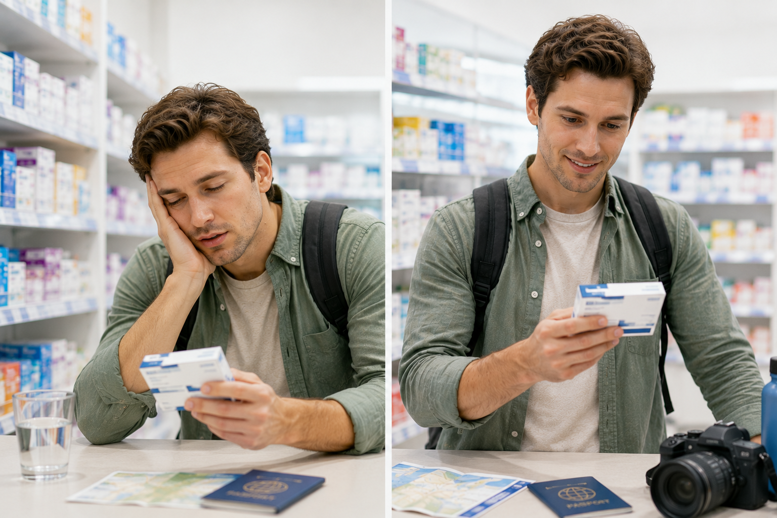 Traveler comparing drowsy and less-drowsy allergy medicine labels in a Japanese drugstore.