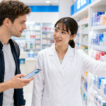 Traveler asking pharmacy staff about hemorrhoid medicine in a Japanese drugstore.