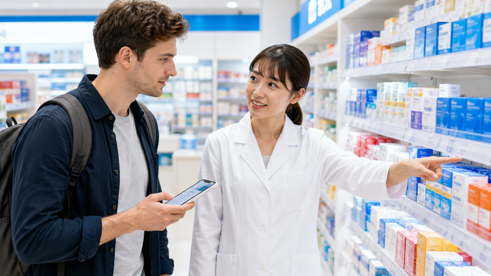 Traveler asking pharmacy staff about hemorrhoid medicine in a Japanese drugstore.