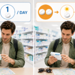 Traveler comparing once-daily and twice-daily allergy medicine dosing schedules in a Japanese drugstore.